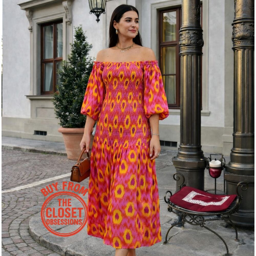 Zara NWT Off Shoulder Smocked Cotton Maxi Dress Pink Orange Resort Vacation